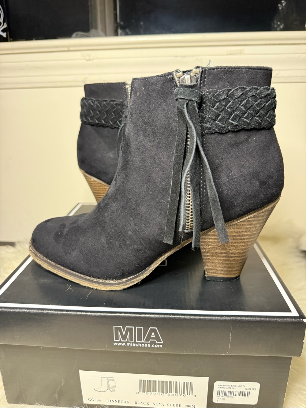 MIA Black Suede Braided-Trim Ankle Booties with Tassel Zip